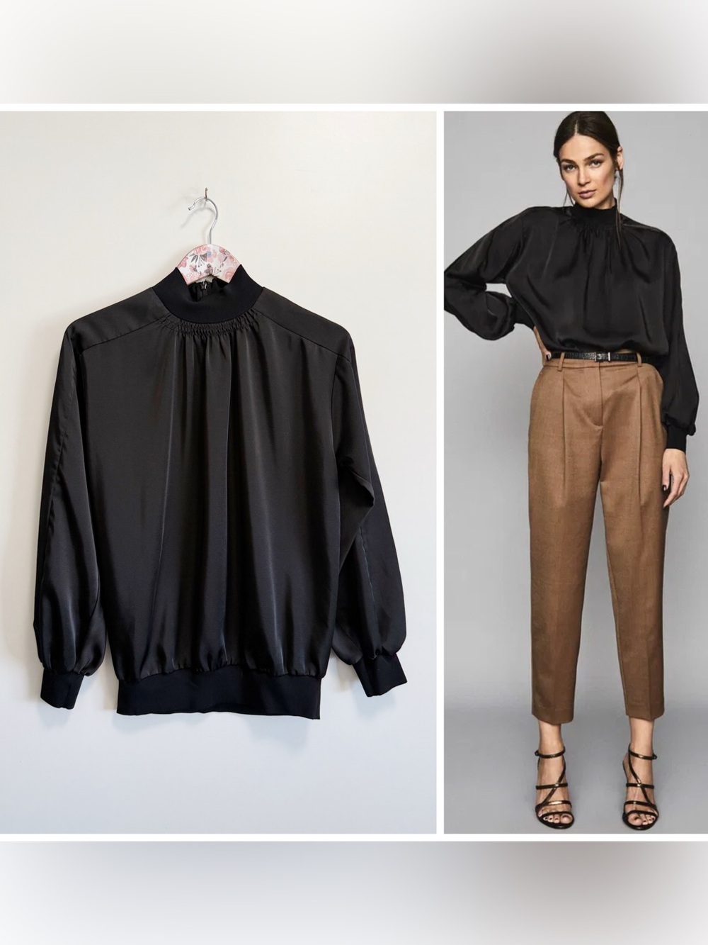 REISS Magda Turtleneck Black Long Sleeve Top Blouse Size 0 Mock Satin